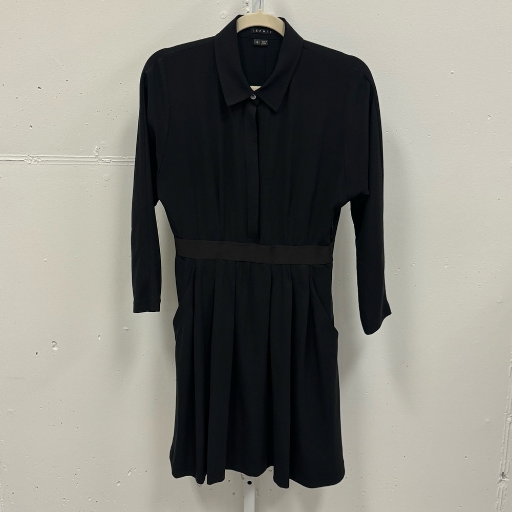 Theory Clemira‎ Intellect Mini Shirt Style Long Sleeve Dress Black Sz 6 - Picture 2 of 13